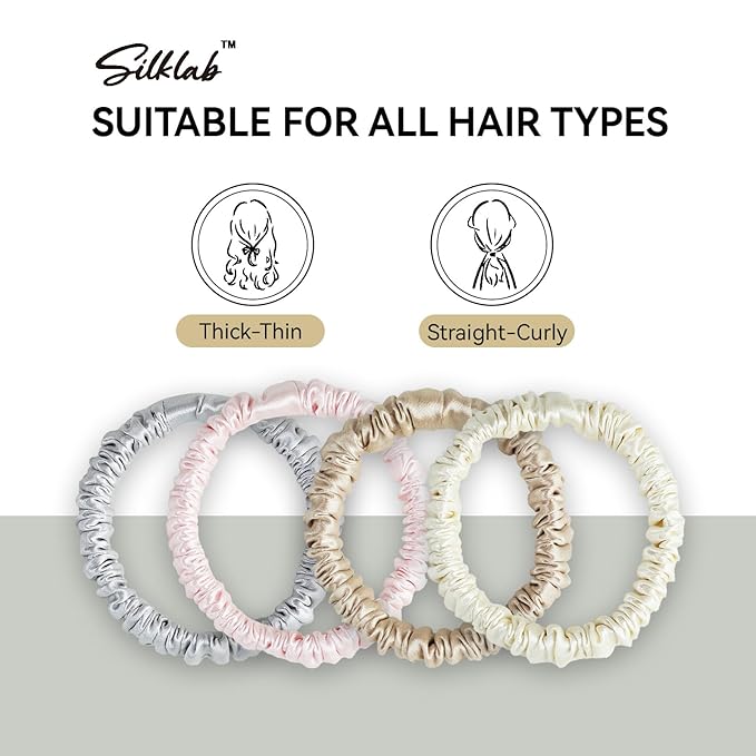 22 Momme 100% Mulberry Silk Hair Ties, Well-Hold Elastic for No-Damage, (4 Pack, Black), 6A Grade, Soft Scrunchies, Reduces Frizz & Breakage, OEKO-TEX Certified