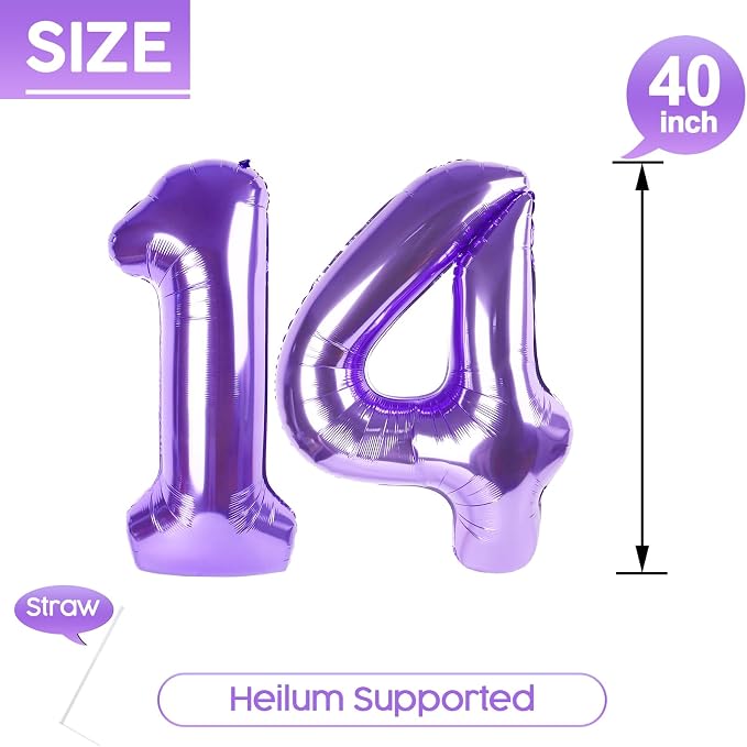 14 Balloon - Purple Birthday Number Balloons, 40 Inch Decorations Men Women | - Image 5
