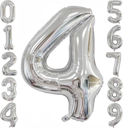Silver 4 Balloon, 40 Inch Number 4 Balloon, 4 Birthday Balloon Decorations by BBPOOL