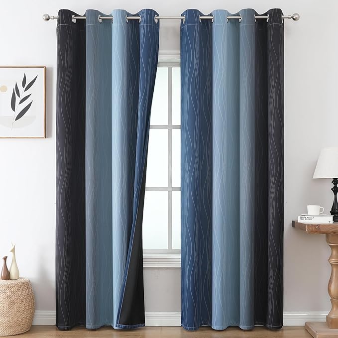 Navy Blue and Black Ombre Blackout Curtains 84 Inches Long 2 Panels, Thermal by ESTELARTEXTILER