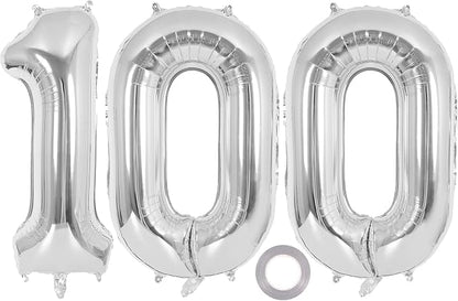 Silver Number 100 Balloon, 40 Inch Foil Helium Number Balloons, 100th Birthday by AIQINHU