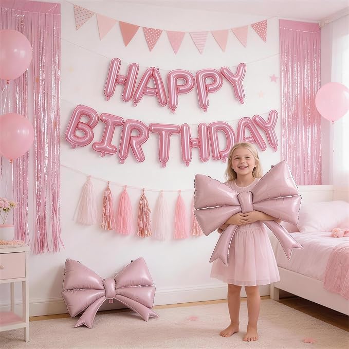Pink Bow Happy Birthday Balloons Banner, 22 Inch Baby Pink Bow Foil Balloons - Image 3
