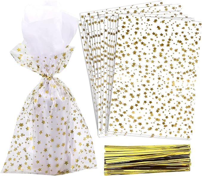 COQOFA 200 Pcs Star Printed 4"X 9" Gift Wrap Cello Cellophane Treat Bags Party by COQOFA