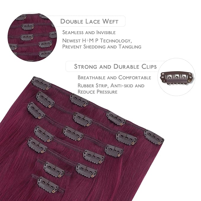 WENNALIFE Clip in Hair Extensions Real Human Hair, 22 Inch 120g 7pcs Remy Hair, Light Burgundy Straight Natural Coloured Extensiones De Cabello Humano Con Clip Ins