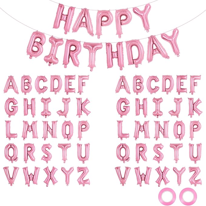 65 Pcs Pink Happy Birthday Balloons, 2 Sets A-Z Pink Letters Foil Balloons by Unknown