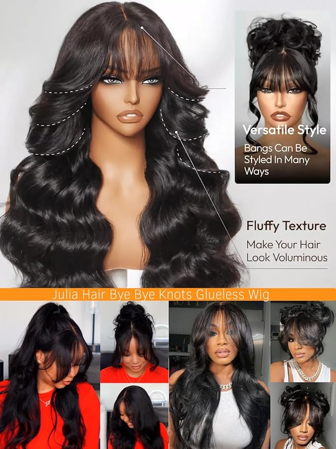 Julia Hair Bye Bye Knots Curtain Bangs Wig Glueless Fluffy Natural Loose Wave Pre Cut 7x5 HD Lace Front Wigs Invisible Pre Plucked Pre Everything Body Wave Put on and Go Wig for Women 20 Inch