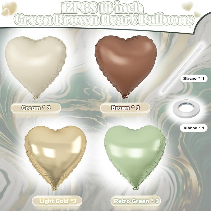 Green Gold Brown Heart Balloons - Image 2