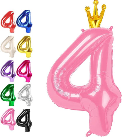 Pink Crown Number 4 Balloon 40 inch, Big Pink 4th Birthday Party Decorations | by Upgesy