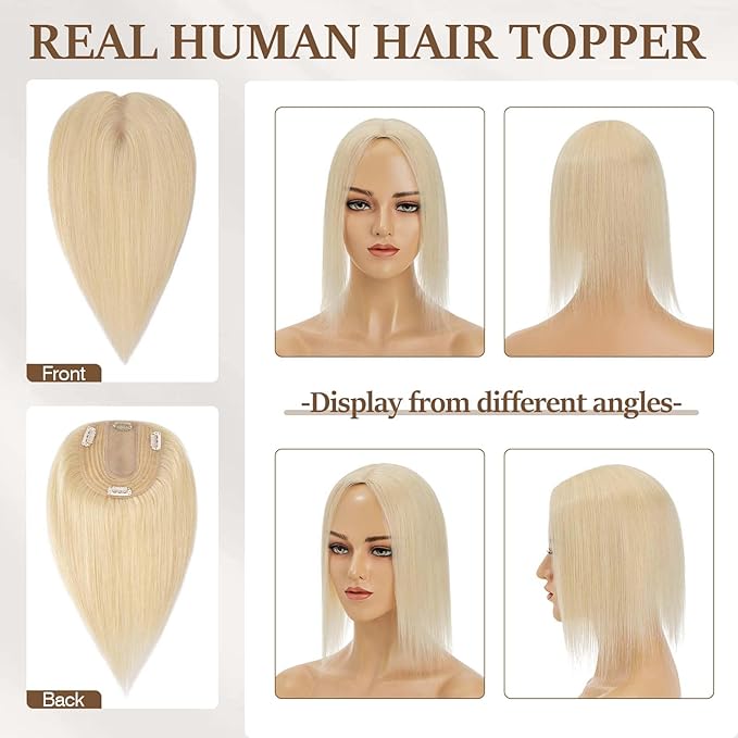 Rich Choices Hair Topper for Women Real Human Hair 100% Human Remy Toppers NO Bangs Hairs Toppers for Women with Thinning Hairs Clip in Hairpiece 4"x4.7"Lace Base 18 Inch #613 Bleach Blonde