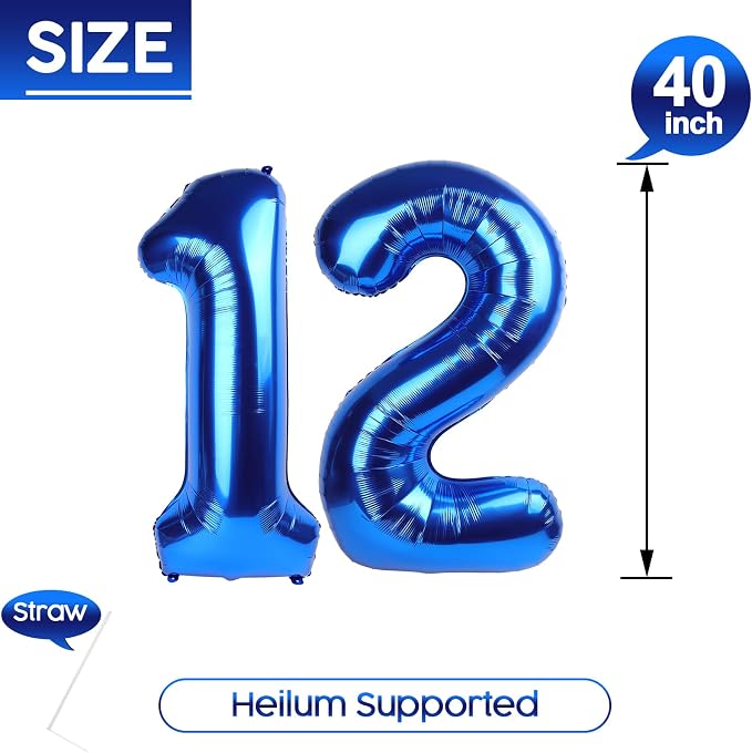 12 Balloon - Metallic Blue Birthday Number Balloons, 40 Inch Decorations | - Image 5