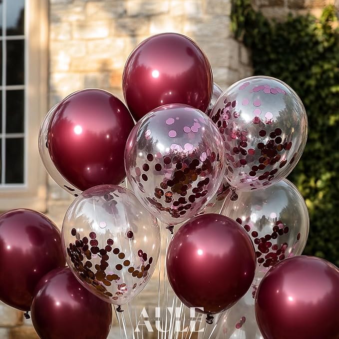 AULE 42Pcs Metallic 12 Inch Burgundy Confetti Balloons Set | Maroon Party - Image 6