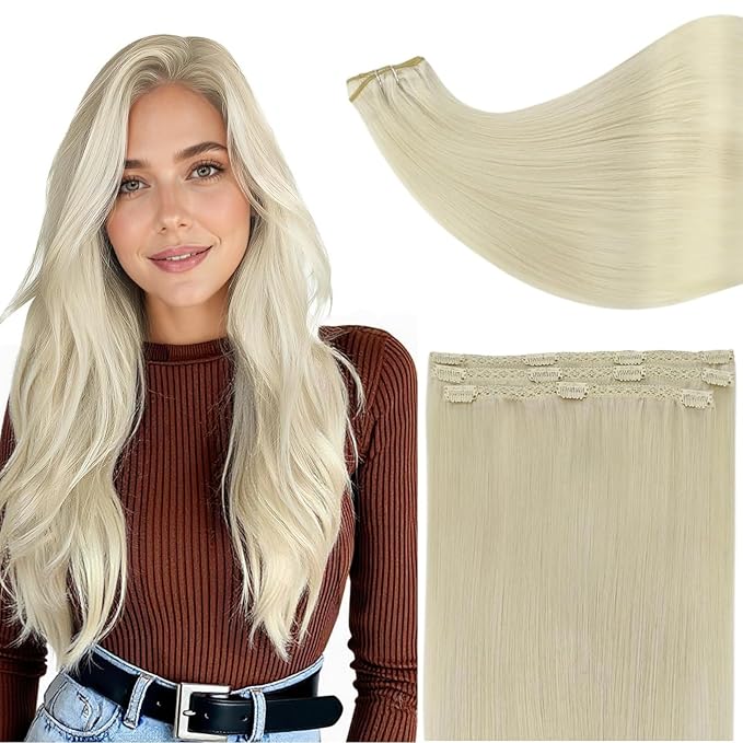 Full Shine Seamless Clip ins 18 Inch Natural Blonde Clip in Hair Extensions for Women Platinum Blonde with Lace Weft Real Hair Softness 60 Grams 3 PCS