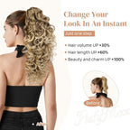 Flufymooz 100％ Pure Protein Ponytail Extension, 18 Inch Curly Claw Clip Ponytail Hair Extensions Natural Soft pony tail hairpiece for women-Dark Almond Brown with Copper