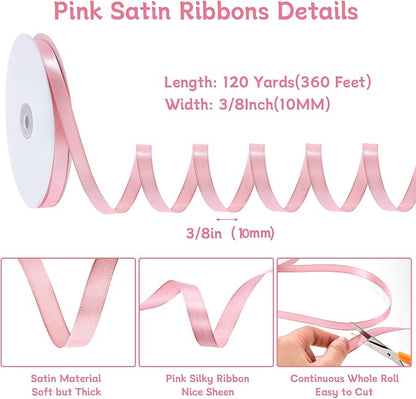 woric 120 Yards Pink Ribbon 3/8 Inch Craft Thin Satin Ribbons - Image 2