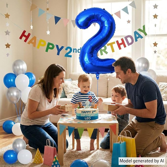 Navy Blue Number 2 Balloon 40 Inch, Shiny Metallic Foil Digit Party Supplies | - Image 7