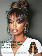 KLAIYI Ombre Brown Loose Body Wave Bye Bye Knots Glueless Precut 7x5 HD Lace Front Human Hair Bang Wig Drawstring Highlight Balayage Brown Pre Plucked Bleached 30S Ready to Wear and Go Wig 180% 20Inch