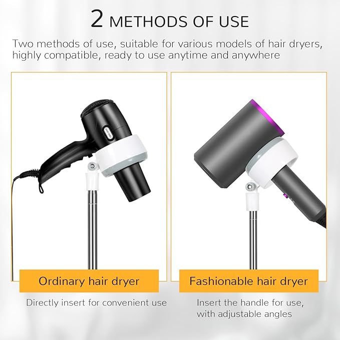 INNOLIFE Hair Dryer Stand, Adjustable Height Handsfree Hair Dryer Holder with Base, 180 Degree Rotating Floor Stand Blow Hairdryer Holder - White