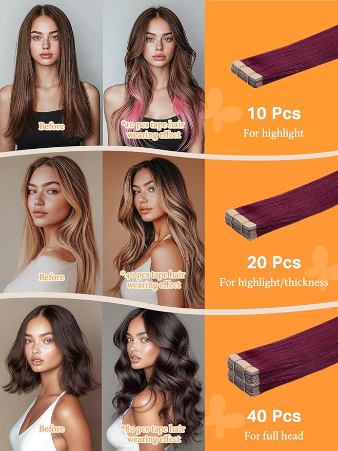 DOORES Human Hair Extensions Tape in, 26 Inch 60g 20pcs, Burgundy Tape in Extensions Human Hair Silky Straight Skin Weft Natural Hair Extensions Remy Hair