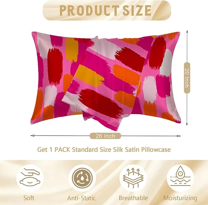 Silk Pillow Case for Hair and Skin Abstract Retro Pink Orange Brush Standard Size Silk Pillow Case with Zipper Super Soft Pillow Covers for Women Bed Sleeping, 20x26 Inches