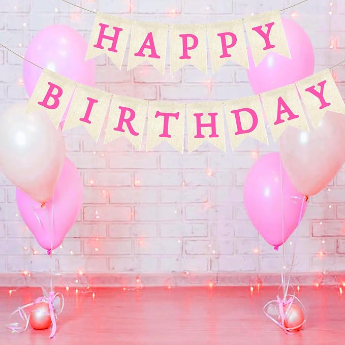 HotPink Happy Birthday Banner Pre-strung Burlap Bunting Party Backdrop Sign - Image 3