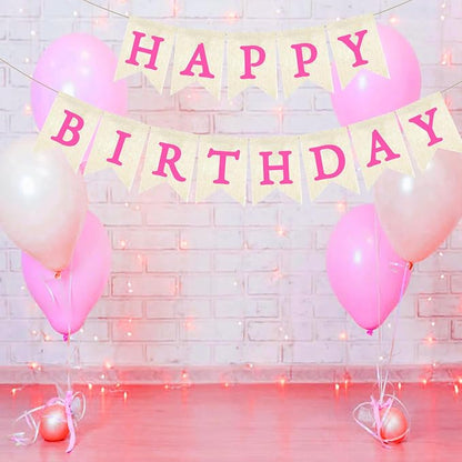 HotPink Happy Birthday Banner Pre-strung Burlap Bunting Party Backdrop Sign - Image 3