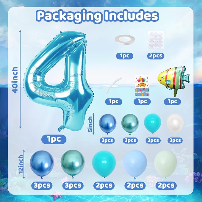 40 Inch Number 4 Balloon Blue Ocean Under the Sea Number Four Foil Balloons - Image 2
