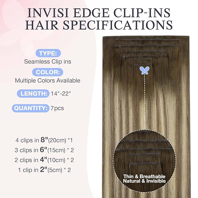 DOORES Invisi Edge Clip in Hair Extensions 20 inch 120g 7pcs, Virgin Real Human Hair PU Clip in Extension Invisible Seamless Thickening Hairstyle, 3/8/613 Walnut Brown to Ash Brown and Bleach Blonde