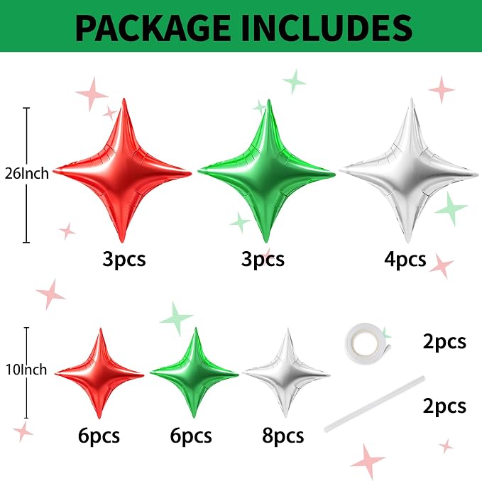 TONIFUL 30 Pcs Four Pointed Star Balloon Red Green Silver Foil Balloon | - Image 2