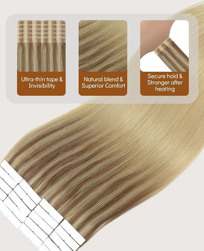 VINBAO Invisible Tape in Hair Extensions Human Hair Seamless Injected Human Hair Tape Ins Extensions Balayage Ash Brown to Caramel Blonde Natural Blend 50g 20pcs 18inch #10/16/16
