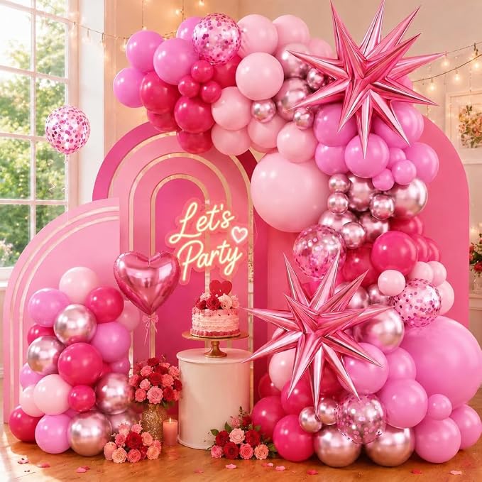 Pink Balloon Arch Kit with Star Foil Balloons, Metallic Pastel Pink Confetti by Adorely
