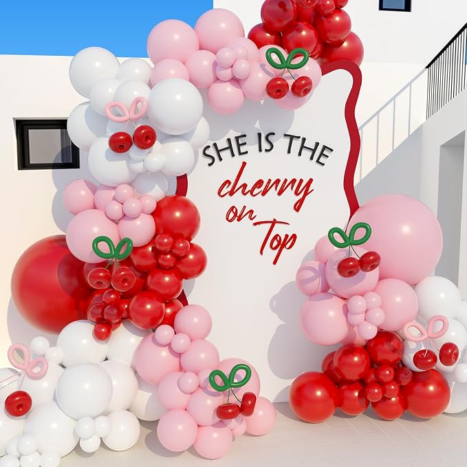 152PCS Cherry Balloons Garland Kit, Cherry On Top Theme Red Pink White Balloon by YISHEBAPA