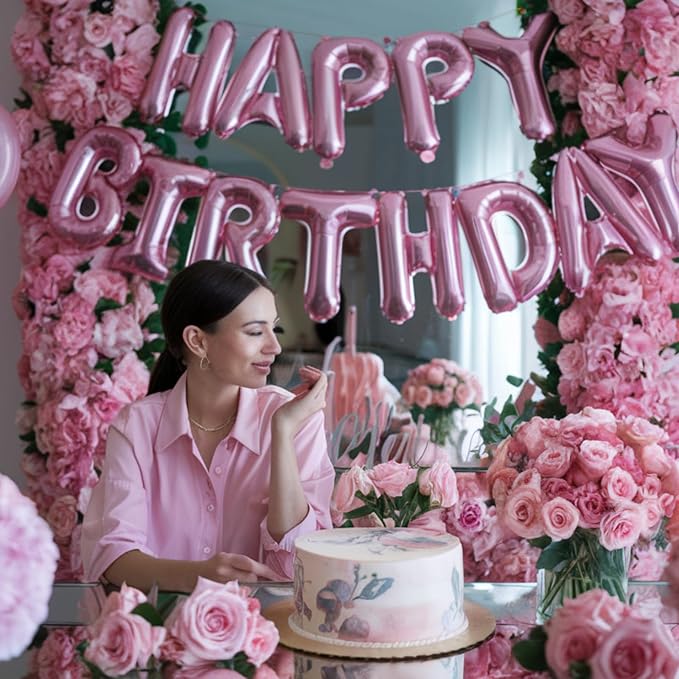 Happy Birthday Balloons Banner Pink, 16Inch Polyester Film Light Pink Foil - Image 5