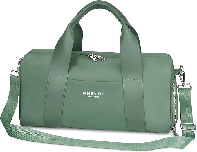 Compact Sports Gym Bag for Women, Cute Mini Duffle Bag with Wet Pocket & Shoes Compartment, Personal Item Travel Workout Bag, 16"-Small, Green