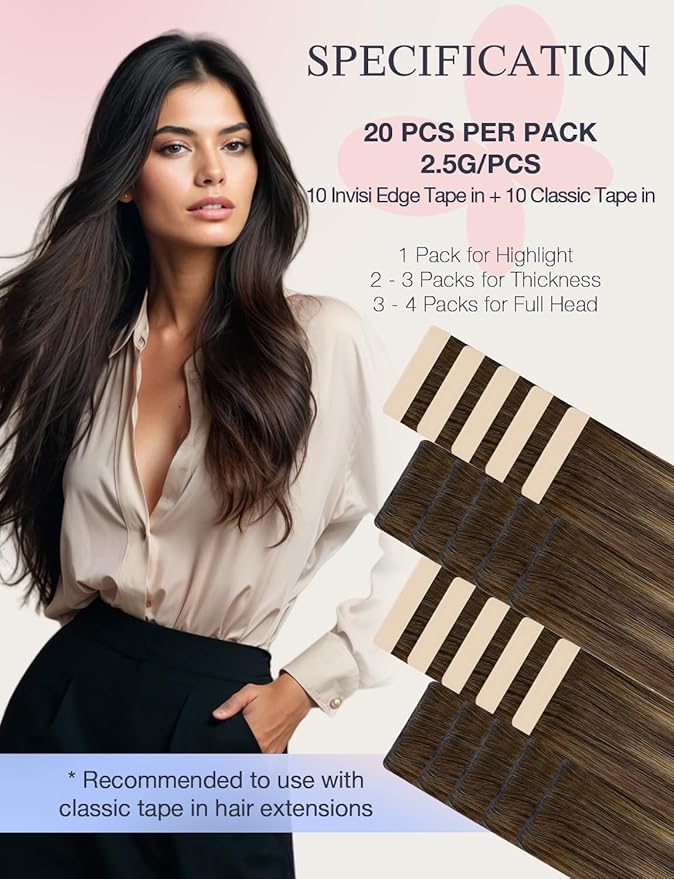 DOORES Invisi Edge Hair Extensions Real Human Hair Tape in, Chocolate Brown to Caramel Blonde 10 Injection Tape-ins with 10 Classic Tape-ins 50g 18 Inch, Injected Tape in Extensions