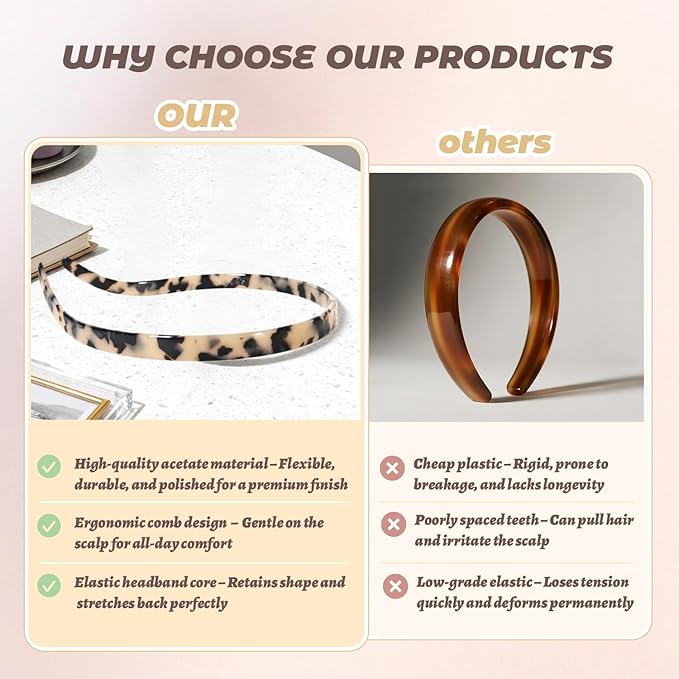 Hair Bands Eyewear-Friendly Design, Hairbands for Women - Non-Slip Thin Headbands with Teeth, No Pressure & No Headache Sunglasses Headband (Beige Tortoiseshell)