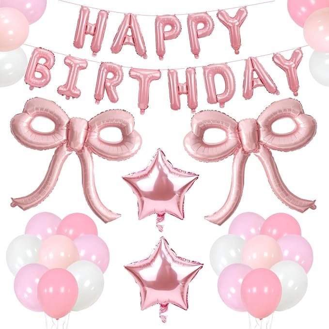 Bow Party Decorations Pink Happy Birthday Balloons Banner Pink Birthday by Unknown