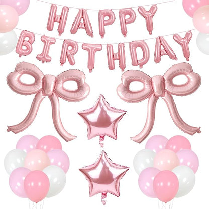 Bow Party Decorations Pink Happy Birthday Balloons Banner Pink Birthday by Unknown
