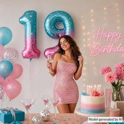 40 Inch Blue Pink Number 19 Balloon, Ombre Foil 19th Birthday Party Decor | - Image 2