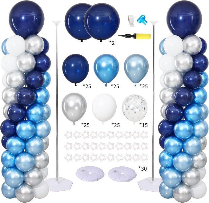 Navy Blue Silver and White Balloon Column Stand Kit Set of 2 by ZyloonDecoration