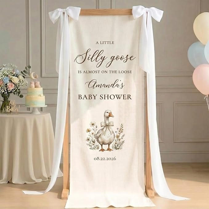 Personalized Silly Goose Baby Shower Fabric Sign Hello Baby Linen Backdrop1 | by Unknown