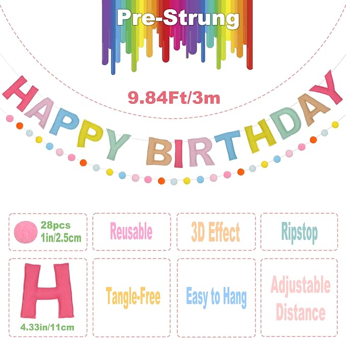 2-PCS Pre-Strung 3D Felt Happy Birthday Banner, Macaron Birthday Decorations | - Image 2