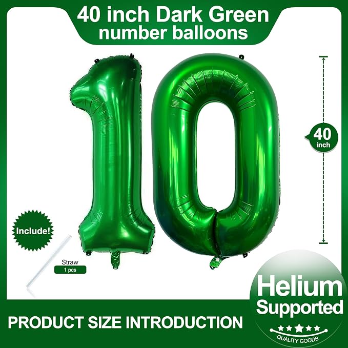 Number 10 Dark Green Balloons 40 Inch Giant Green 10 Numer Foil Helium Balloons - Image 2