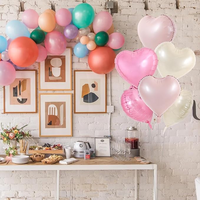 TONIFUL 15 Pcs 18 Inch Cream White Pink Heart Shape Foil Mylar Balloons | - Image 4