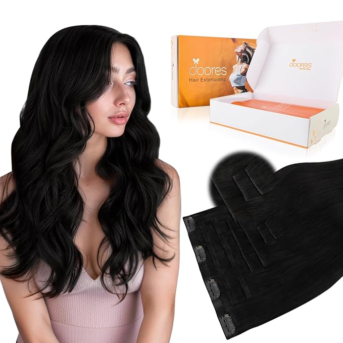 DOORES Clip in Hair Extensions Set 20 Inch 120g, 4pcs Invisi Edge Clip ins and 3pcs Classic Seamless Clip ins, Injected Virgin Real Human Hair Extensions Natural Invisible Straight, #1