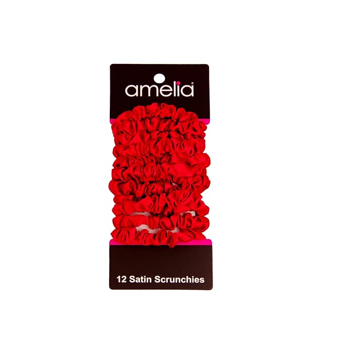 Amelia Beauty, Red Satin Small Scrunchies, 12-Pack – No Damage Hair Ties for Women, Gentle & Durable Hair Accessories, 2.5in x 0.5in