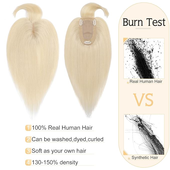 SEGO Hair Toppers for Women Real Human Hair With Bangs, 7 * 13CM Silk Base 100% Remy Human Hair Clip in Top Wiglet Hairpieces Add Volume -8 Inch Platinum Blonde