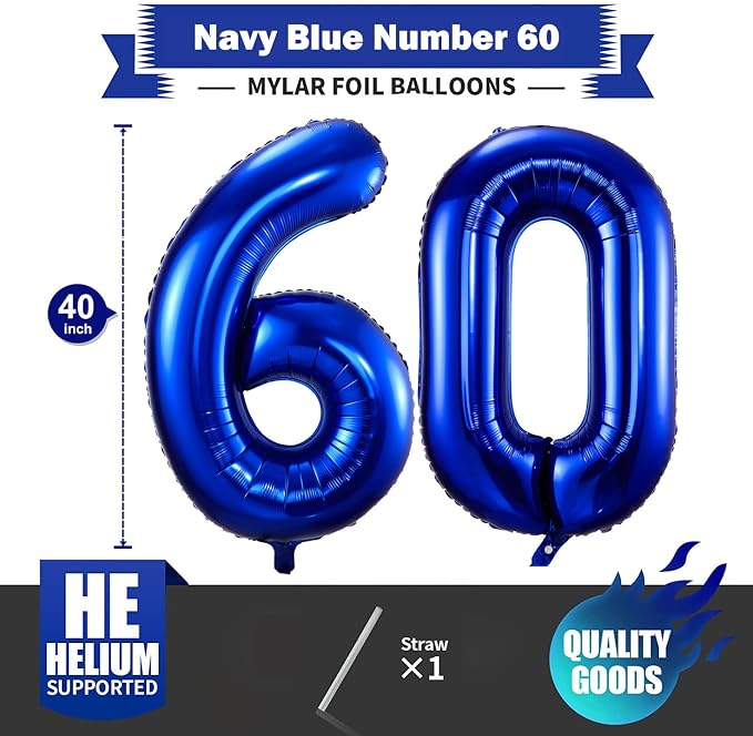 Navy Blue 60 Balloon Numbers, 40 Inch Dark Blue 60 Birthday Balloons Large Foil - Image 2