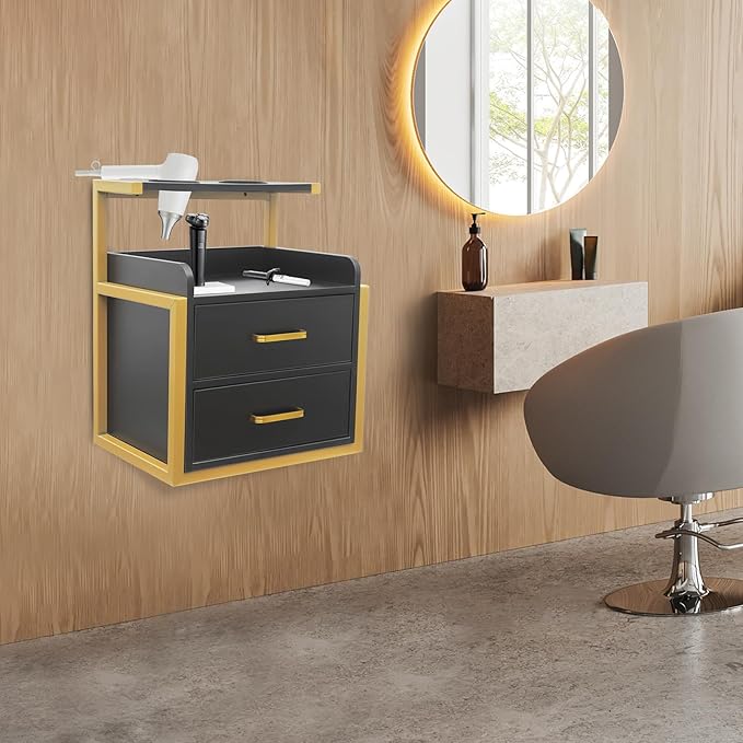 Suspended Salon Station for Hair Stylist, Wall Mounted Styling Salon Station Storage Cabinet w/2*Drawers &Hair Dryer Stand,Floating Nightstand Stylist Storage Cabinet for Home (Gold+Black)