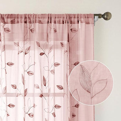 HOMEIDEAS Blush Pink Floral Sheer Curtains 63 Inches Long 2 Panels Embroidered - Image 7