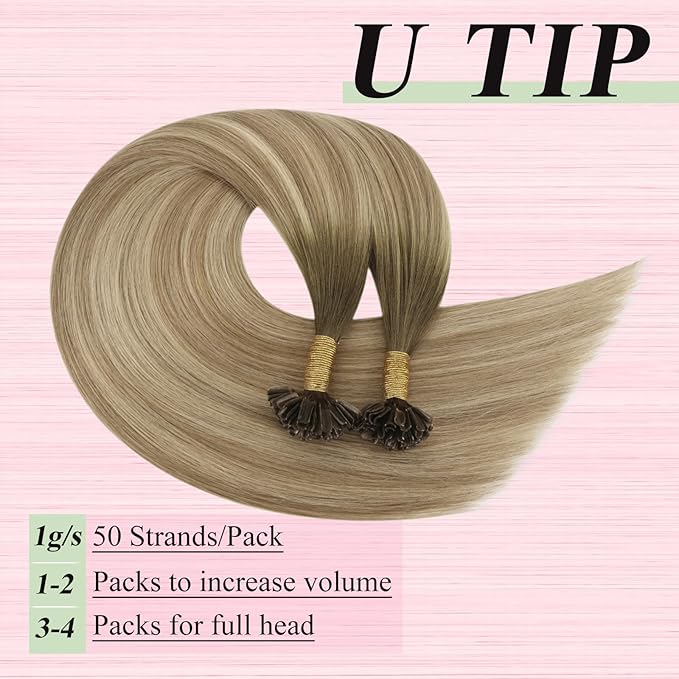 YoungSee U Tip Hair Extensions Balayage Keratin Tip Hair Extensions Balayage 24 Inch Long Utip Hair Extension Dark Brown Ombre Brown with Blonde U-Tips Hair Extension Real Human Hair 50s/50g